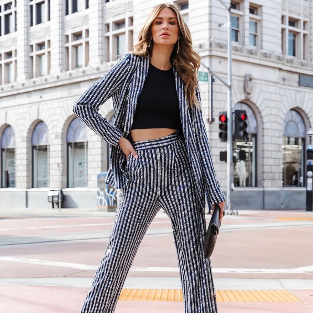 VICI Can’t Relate Sequin Stripe Blazer and Pant Set - New